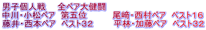 男子個人戦　　全ペア大健闘 中川・小松ペア　第五位　   　　尾﨑・西村ペア　ベスト１６ 藤井・西本ペア　ベスト３２　　　 平林・加藤ペア　ベスト３２